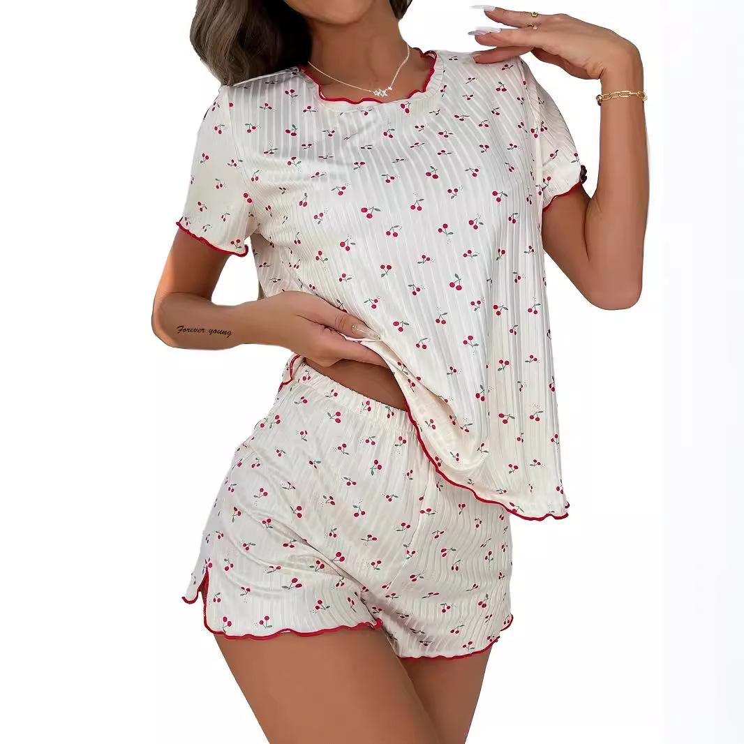 

Женская повседневная пижама для дома с принтом вишни, шорты с коротким рукавом, круглый вырез, комплект из двух предметов XXL