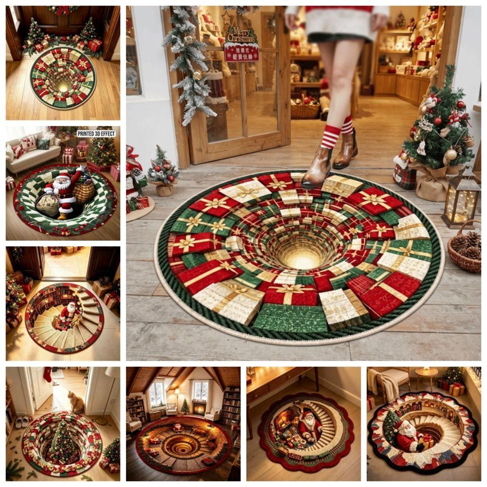 Polyester Christmas Round Rug 2D Flat Optical Delusion Doormat 3D Illusion Carpet  Festival Present