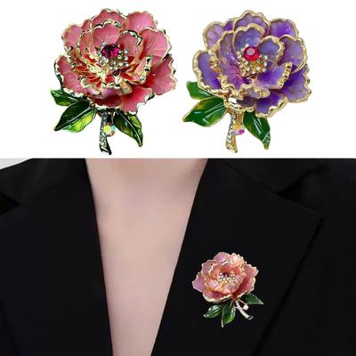 Elegant Peony Flower Brooch Pin for Women with Enamel and Pearls Embellishments Jewelry Accessory for Banquet or Party