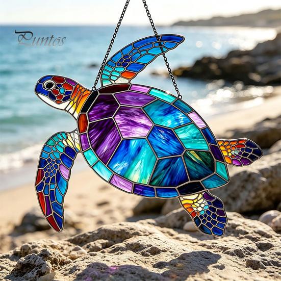 Peaceful Ocean Vibe Decor Sea Turtle Suncatcher, Acrylic Window Hanging Ornament, Faux Stained Glass Themed Gifts for Women Coastal Lovers,