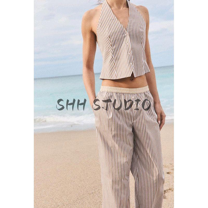 Stripes Hanging Collar Vest Style Tops 2010778 Contrast Color Stripes Pajamas Style Pants 6929413