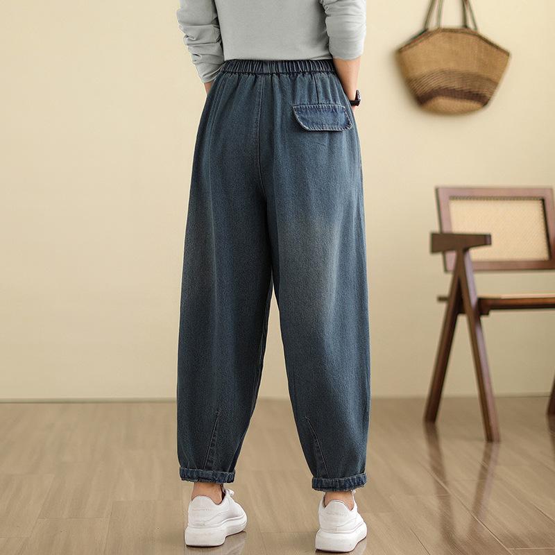Wash Spliced Denim Pants Autumn All Match Loose Casual Harem Pants for Women Summer High Waist Blue Jeans 2025