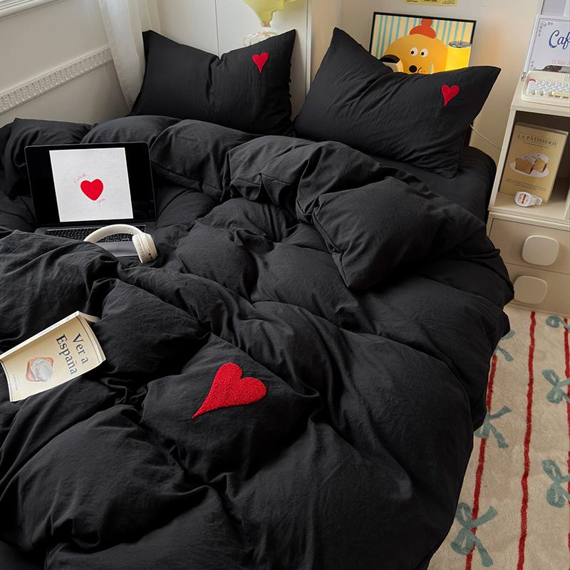 Cute Blue Heart Bedding Set Ins Nordic Embroidery Bed Sheet Set Of Four Pieces Home Luxury Duvet Cover Set For Girls