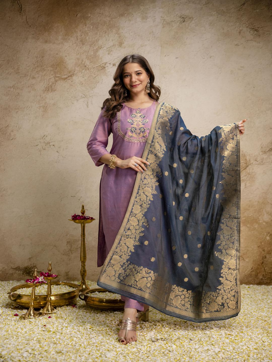 Lavender Kurta Pant Set with Navy Blue Banarasi Dupatta, Indian Ethnic Suit for Women, Festive Traditional Outfit, Wedding Wear Dress S лавандовый