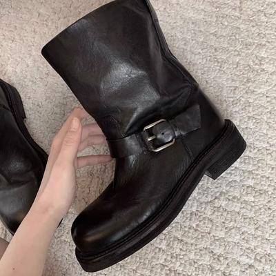 Leather Retro Western Cowboy Boots Thick-Soled Thick Heel Medium Tube Martin Boots Women'S Belt Buckle Short Boots