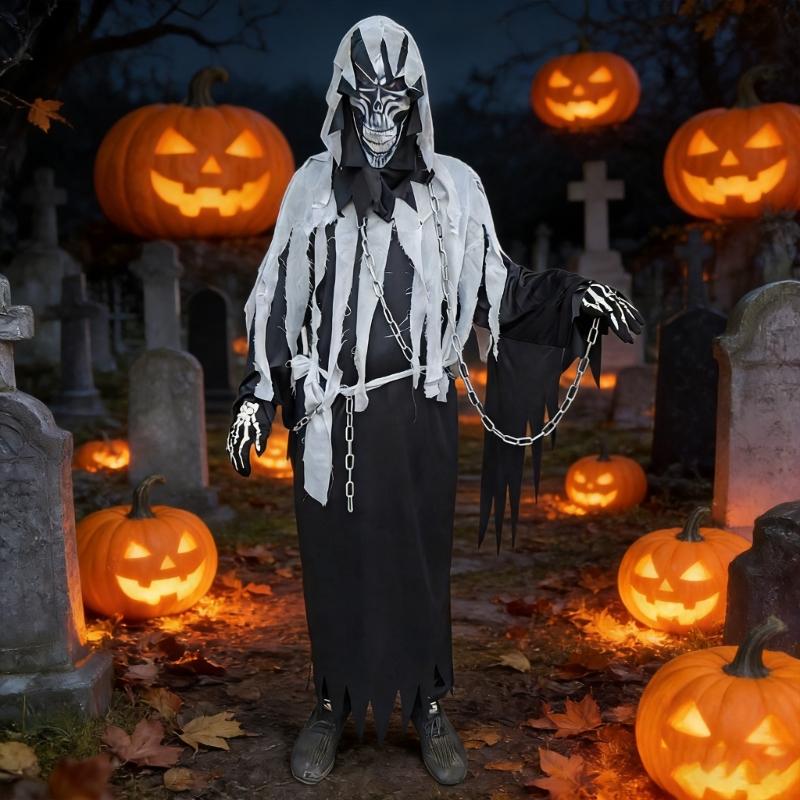 6Pcs Grim Reapers Costume for Adults,Scary Halloween Costume with Grim Reapers Mask Headgear Skeleton Gloves,Waist Belt