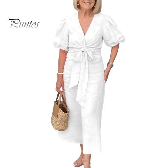 Summer Maxi Dress V Neck Lace-up Waist Bubble Sleeves Solid Color Loose Long Dress for Daily Life Date Work Party