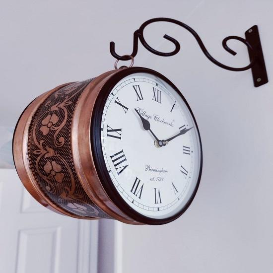 Vintage Style Hanging Metal Clock - Made with Brass / Double-sided Analogue Railway Clock / Antique Brass or Copper Ornamental Finish