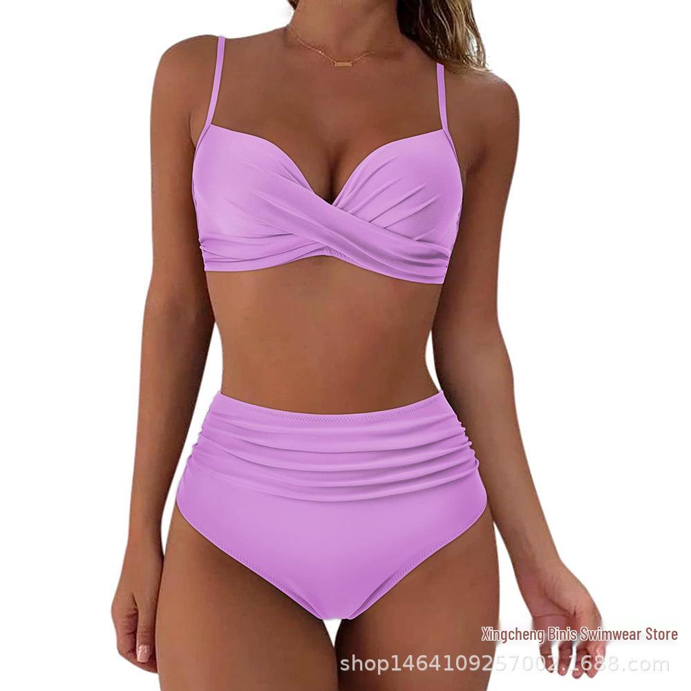 New Sexy High-Waisted Cross-Strap Two-Piece Bikini Purple маленький