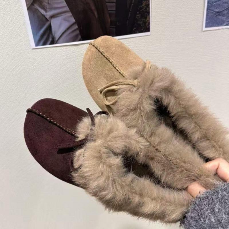 High Quality Faux Suede Loafers for Women Fashion Bow Decoration Winter Fuzzy Slipper Light Soft Sole Comfortable Women Shoes