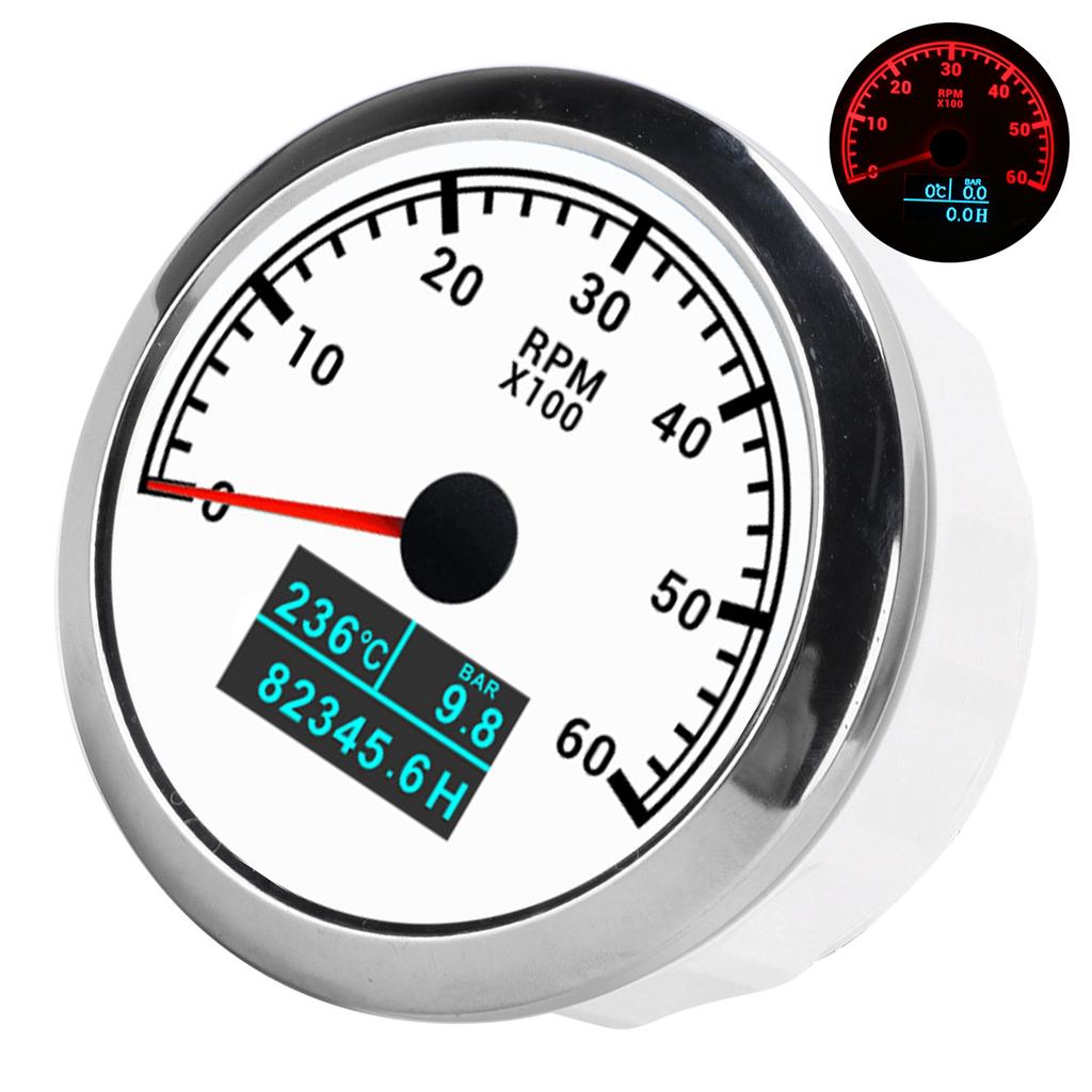 3‑In‑1 6000RPM Tachometer Water Temp Oil Pressure Hour Gauge IP67 Waterproof for Car Boat TruckWhite Dial