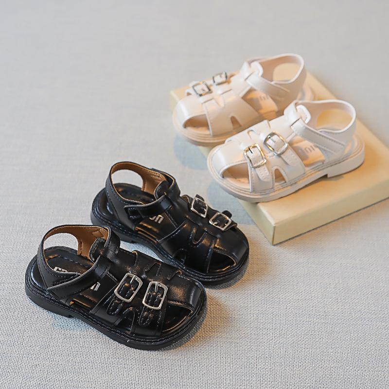 Boys Covered Toes Children Cute Retro British Style Wild School Shoes Flat Non-slip Kids Fashion 2024 Summer Sandals Hook & Loop