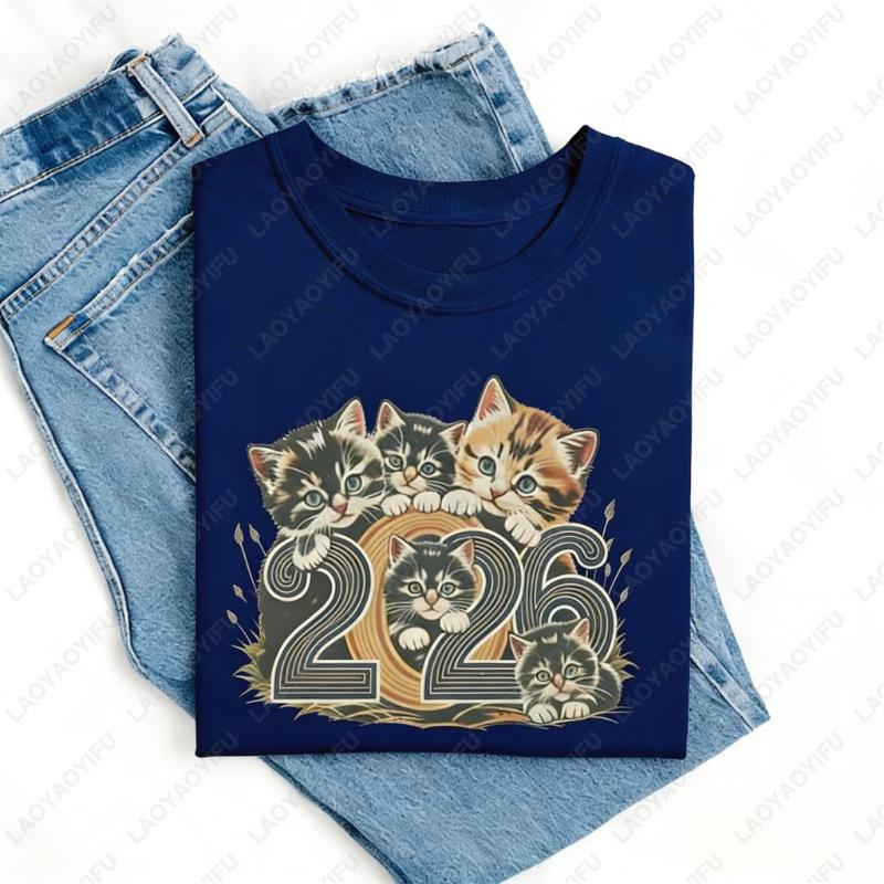 2026 Kitten New Year TShirt Retro NYE Party Cute Graphic Holiday Celebration Lovely Unisex Cotton Shirt Cat Lovers Woman Shirt