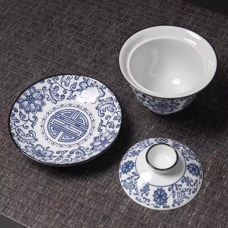 Blue And White Porcelain Sancai Cover Bowl Dehua Ceramics Retro Home Office Single Tea Bowl Teacup Kung Fu Tea Set