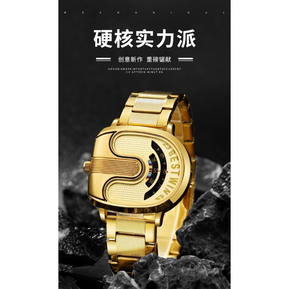 Fashion Men Irregular Tonneau Shape Quartz Watch Creative Rotating Dial Stainless Steel Bracelet Wristwatch