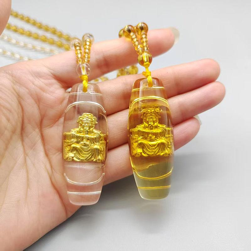 Glass Pillar God of Wealth Pendant Citrine Buddha Amulet Sweater Chain