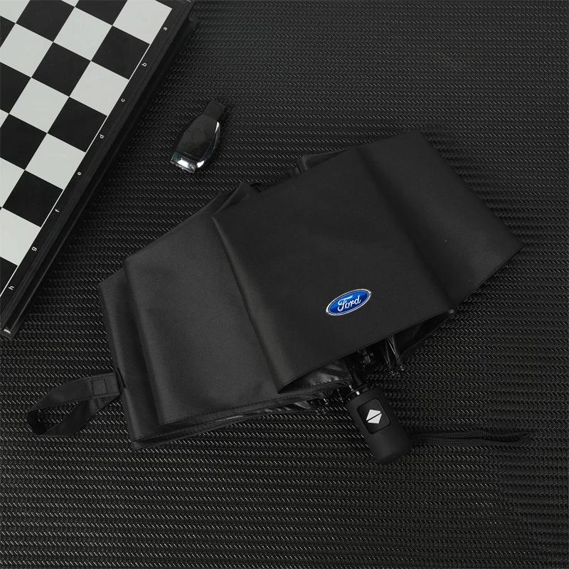 

New 2026 Car Sticker Car Accessories Windproof Rain Fully Automatic Compact 3 Folding Umbrella For Ford Focus mk2 mk3 Fiesta mk7 чёрный