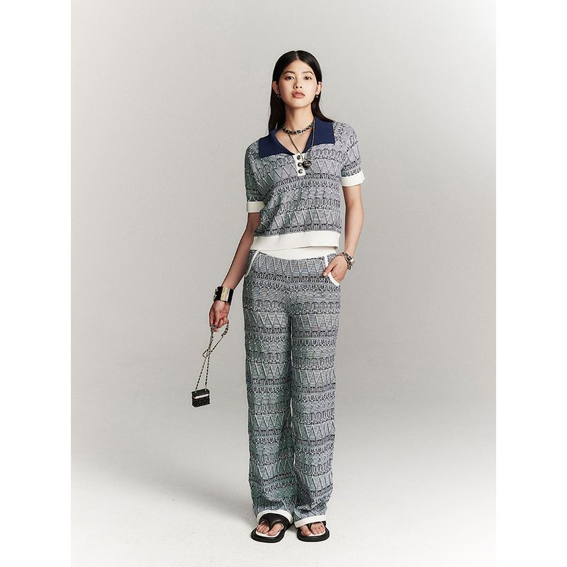 

Blacknini High Elastic Knitting Polo Collar Top Knee Socks Wide Leg Pants Two-piece Set Short sleeve L