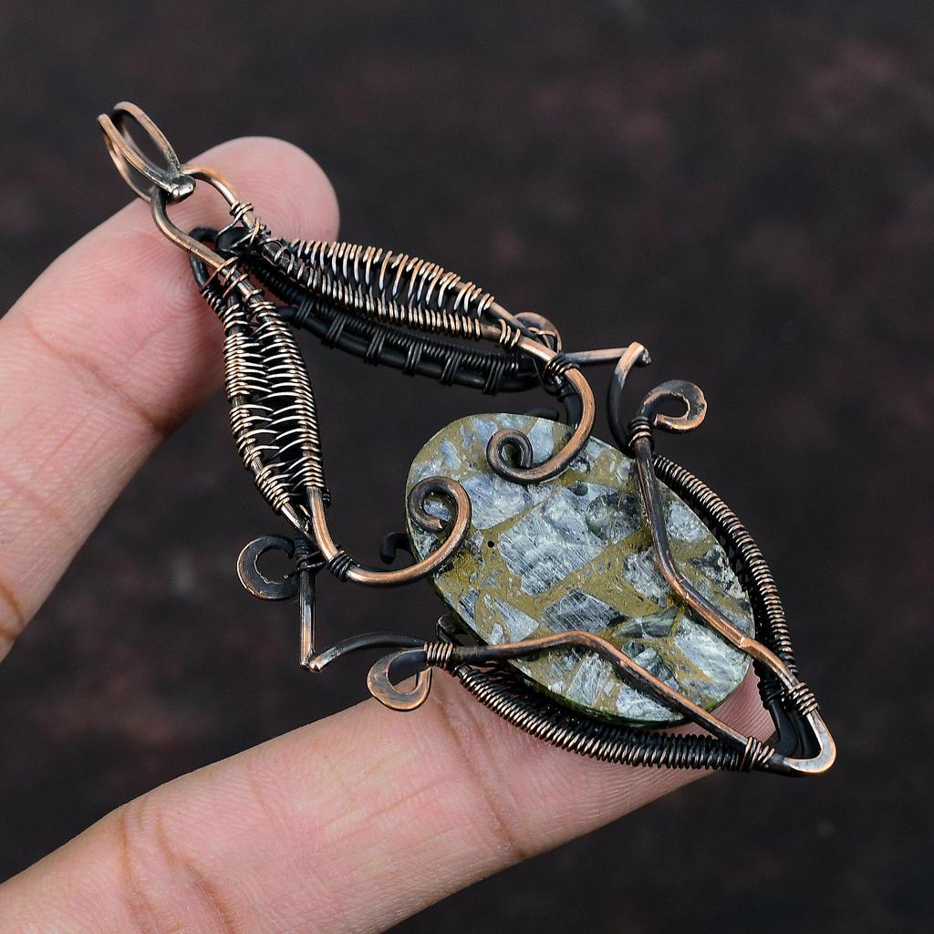 Copper Seraphinite Pendant Copper Wire Wrapped Pendant Natural Gemstone Pendant Handmade Copper Jewelry Anniversary Gift Seraphinite Jewelry