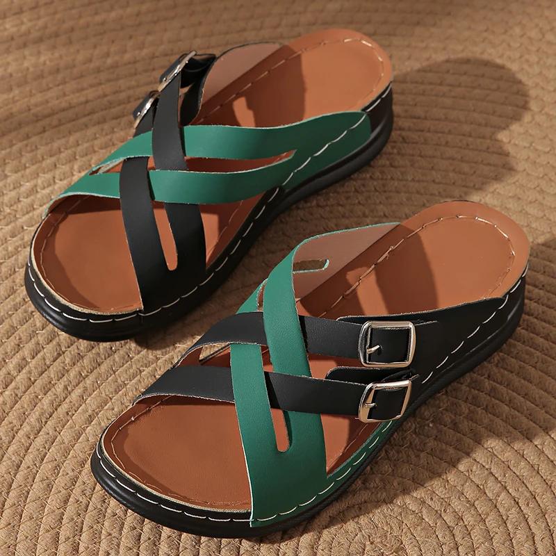 Fashion Mix Color Cross Strap Wedge Slippers Women Summer Non Slip Platform Sandals Woman Lightweight Soft Thick Sole Sandalias Mujer 43