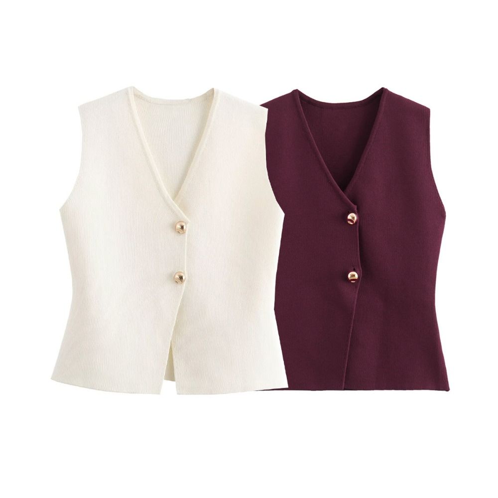 

Solid Color Sleeveless Sweater Single Breasted Knitwear Women Fashion Vest Crop Coat Girls M фіолетовий