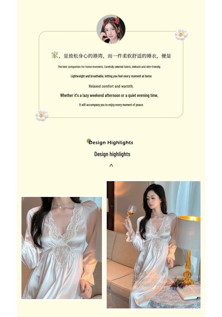 Women's Long Sleeve Lace Trim Nightgown, Ice Silk Sleep Dress with Chest Pad, Court Style, Solid Color, Light Luxury, Spring & Autumn.