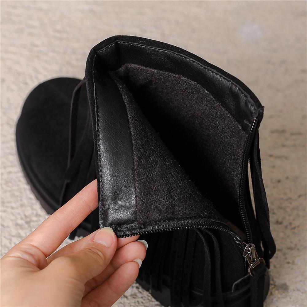 Fashion Ladies Casual Vintage Solid Color Fringe Booties Comfortable Platform Mid Cylinder Round Head Zip Ankle Boots Women Black Brown