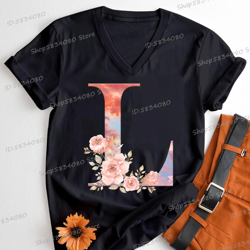 Womens Clothing Pink Flower Alphabet Classic Top Sky Alphabet Cartoon Tshirt FeUnisex Floral Letters A B C D Birthday Gift Shirt