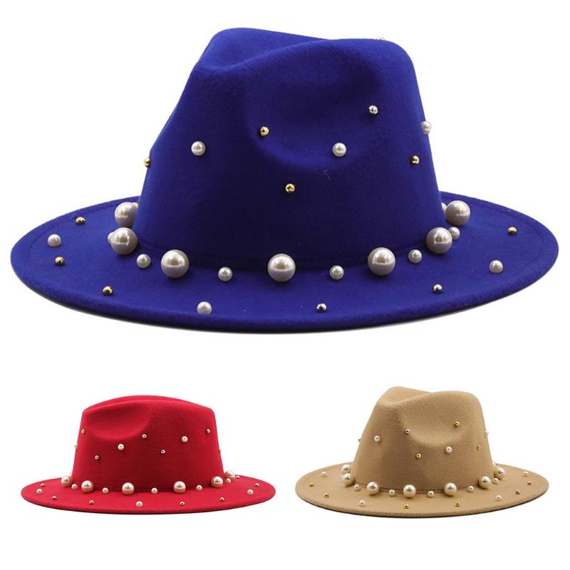 Fashion Classic Fedora Wool Big Brim Pearl Jazz Top Hat Church Hat Adult Dancer Costume Accessory Prop for Women and Men