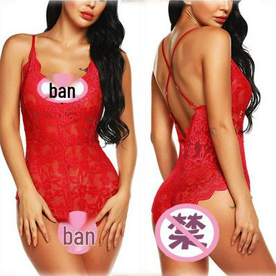 Cross-Border European & American Women's Sexy See-Through Lace Lingerie Bodysuit