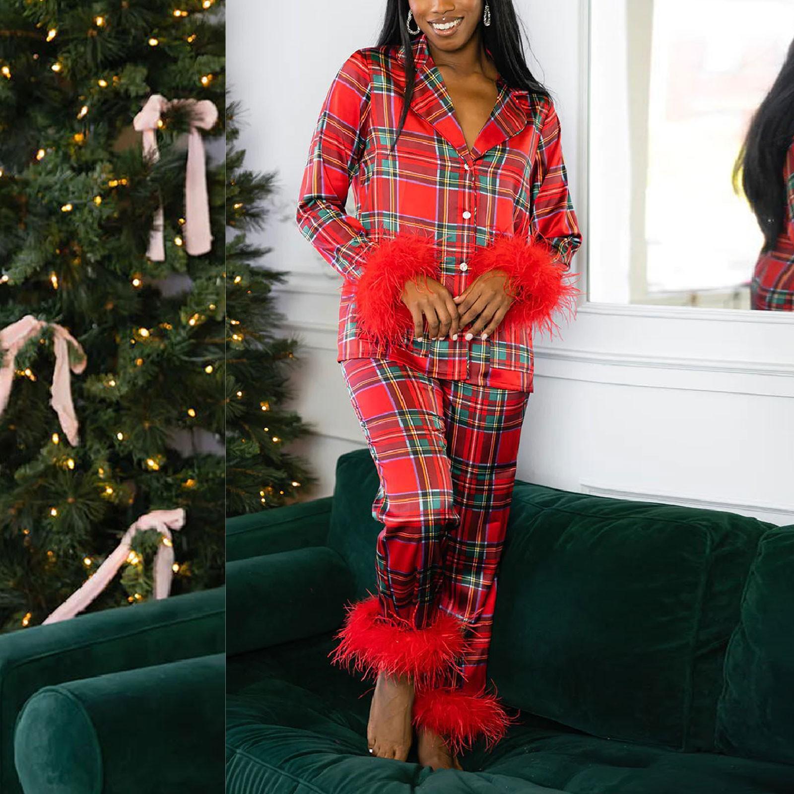 

Женские пижамные комплекты с принтом, мягкие комплекты домашней одежды из двух предметов, топы с длинными рукавами, длинные брюки, одинаковые пижамы, ночная одежда S красный