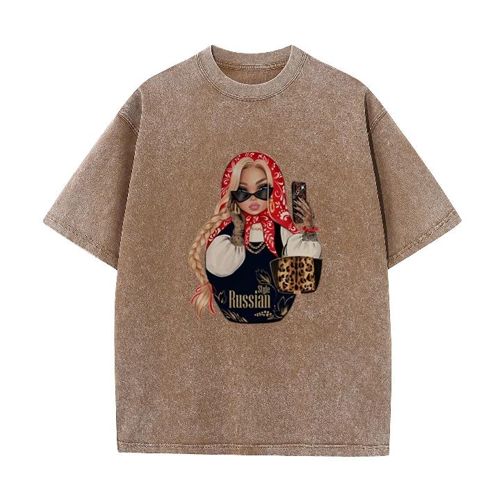 Fashion Russian Style Babushka Doll Print T-shirt Vintage Washed Casual Loose Short Sleeve Streetwear Tops