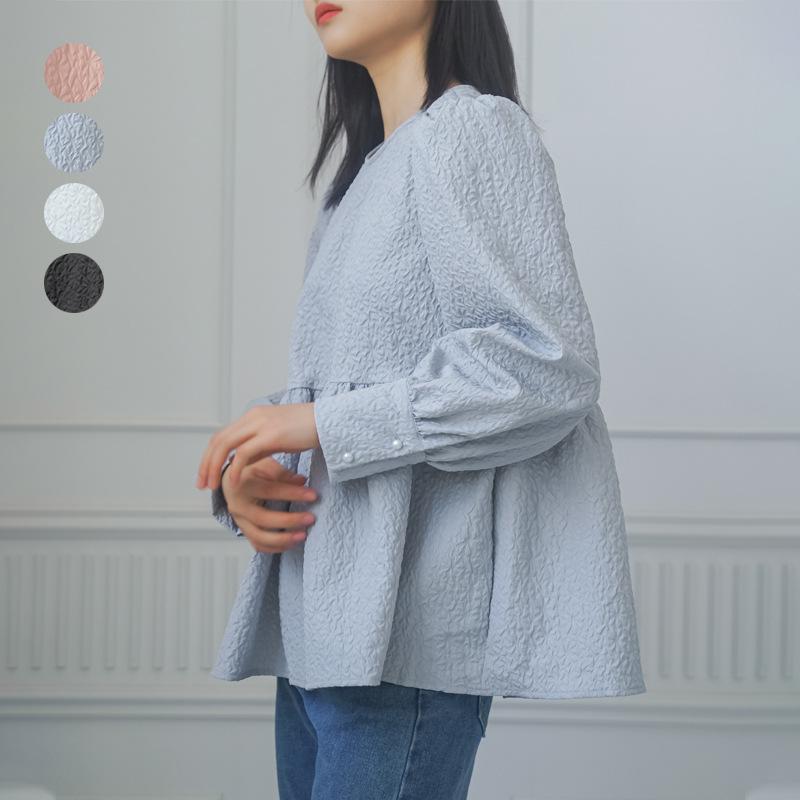 Spring and Summer Long-sleeved Embossed Women's Shirt Dark Pattern Loose Top New Style