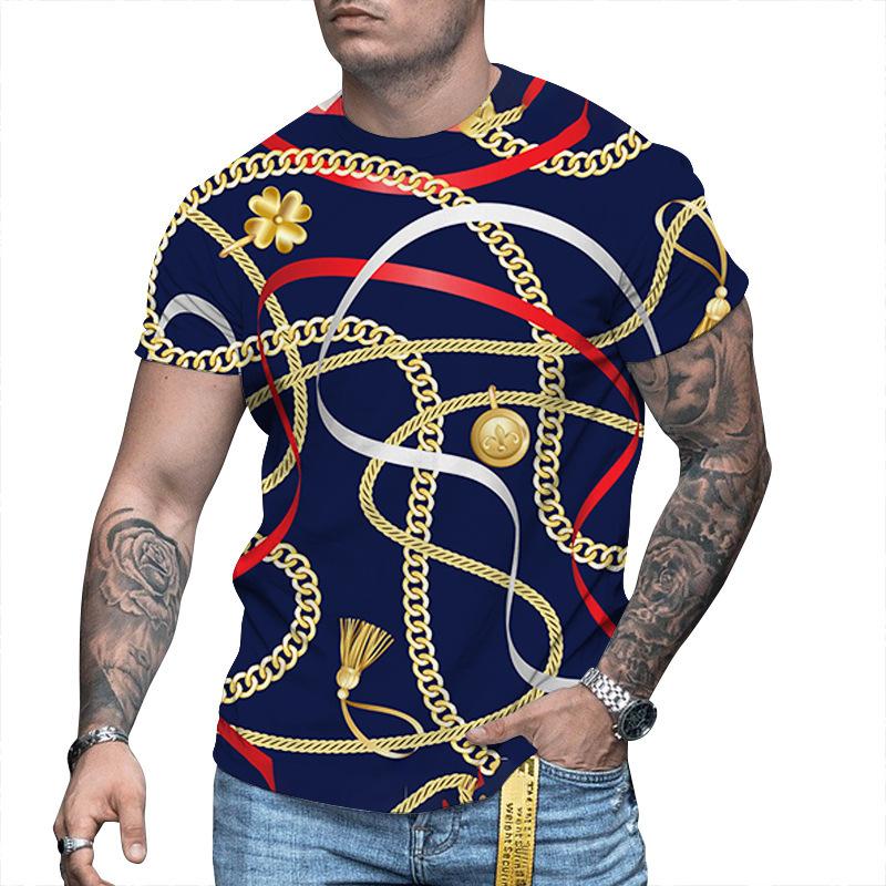 

Летний топ с круглым вырезом и 3D-принтом золотой цепи и планки, модные повседневные мужские футболки с коротким рукавом XS
