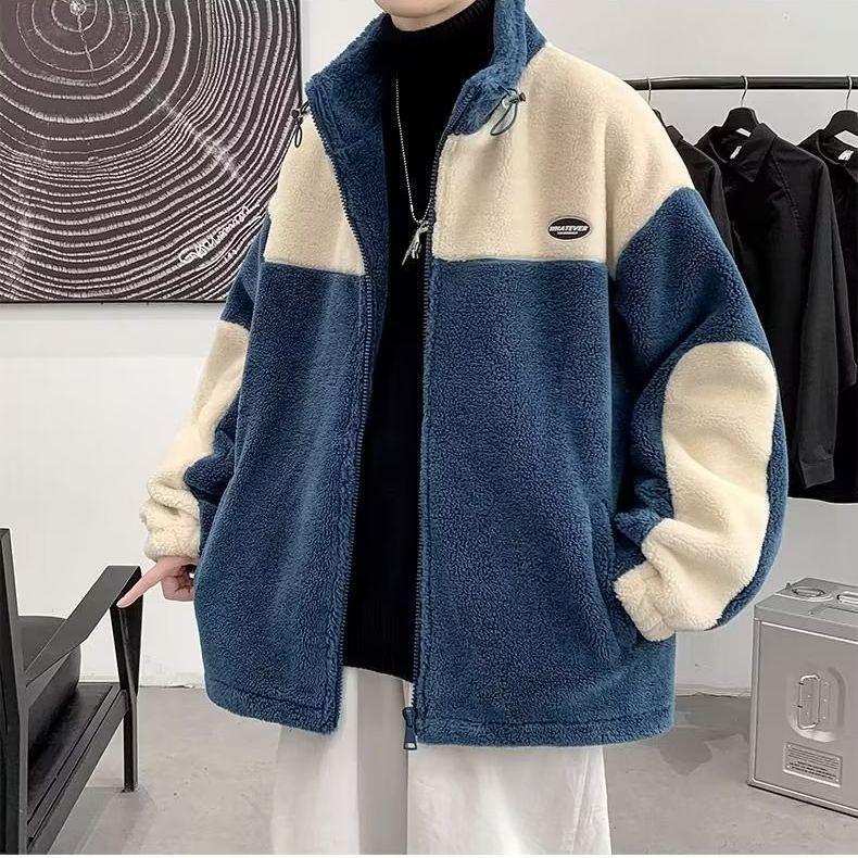 

Men s Lambskin Winter Jacket with Plush, Thick Cotton Padding - Trendy Youth Style, Loose Fit, Stand Collar, Unisex Design M хакі