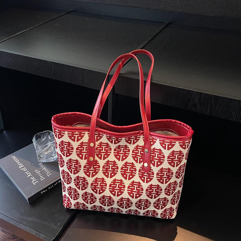 Fabric Happy Word Large Capacity Women's Handbags Natial Style Bride Bag 2026 Fashi Bags for Women Temperament Shoulder Bag