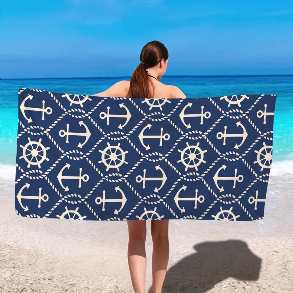 1pc Ocean Element Printed Beach Towel, Starfish Boat Anchor Design for Travel Swimming Pool Yoga Gym Exercise Towel Gift