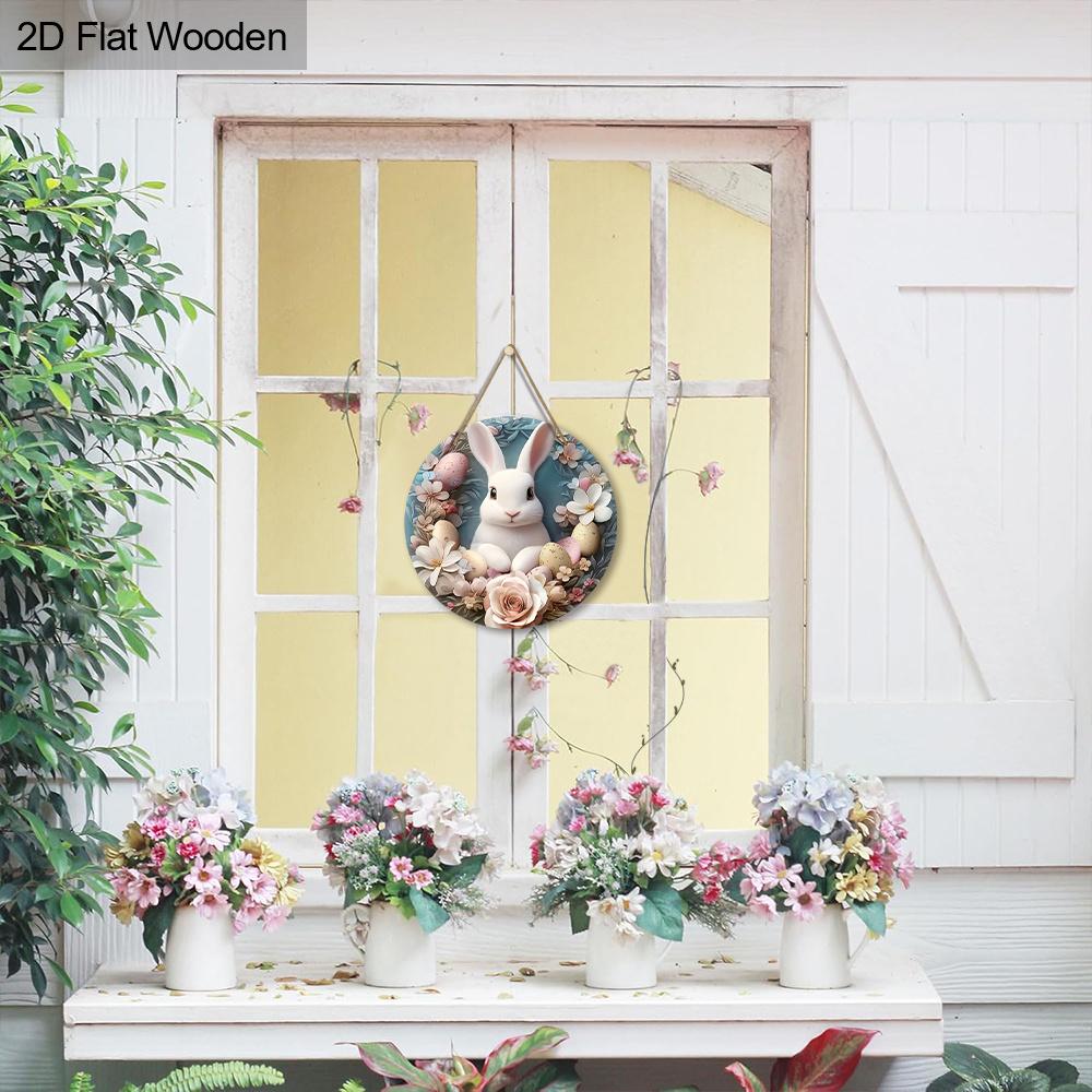 2D Flat 1pc Easter “Rabbit Flower” Logo Wooden Round Hanging Decoration, Spring Garden Balcony Ornament, Indoor/Outdoor Statue Wall Hanging, Country