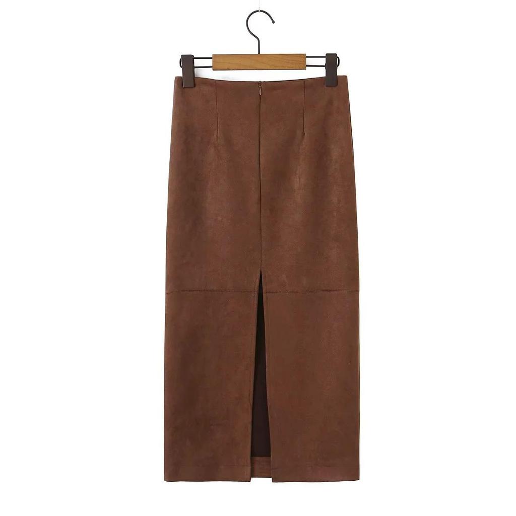 Women's Suede Bodycon Midi Skirt - Autumn/Winter Korean Retro Style