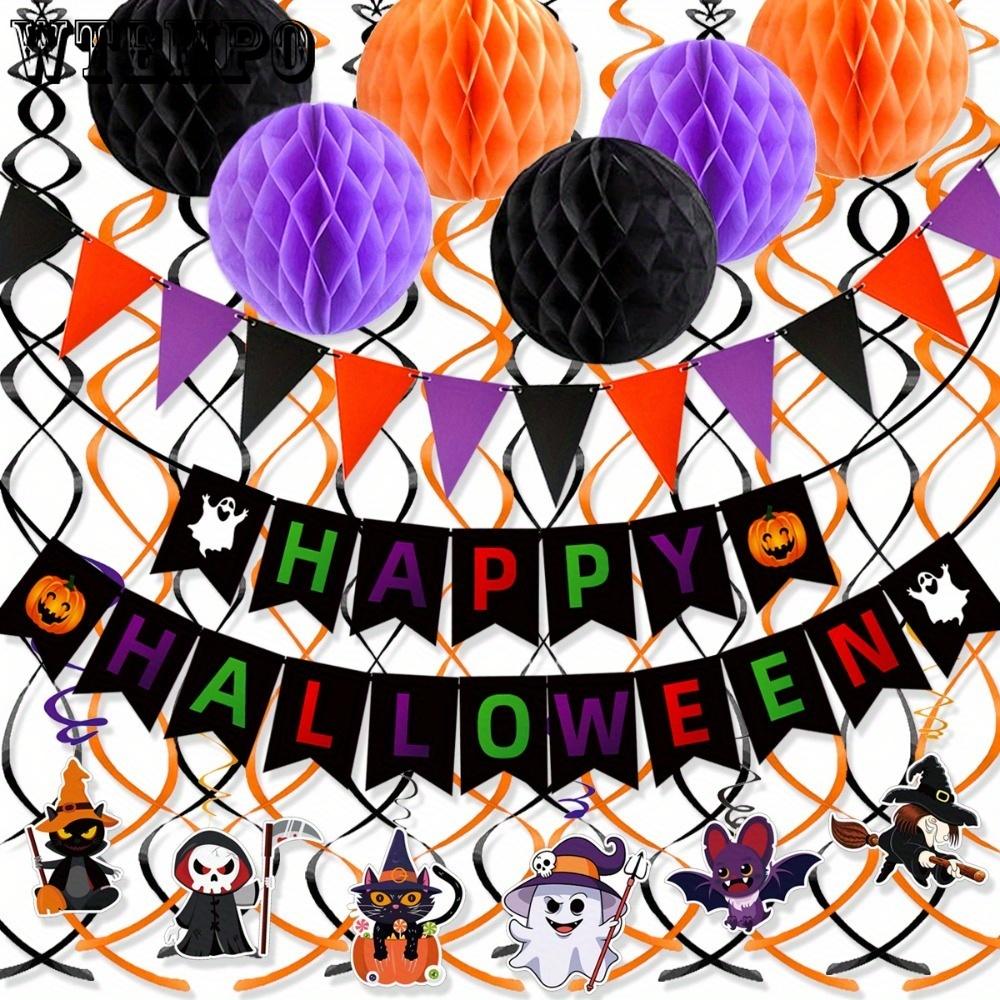 2sets Happy Halloween Banner Tissue Pom Poms Decorations Kit Hanging Garland Honeycomb Ball Swirl Streamers for Halloween Party Decorations