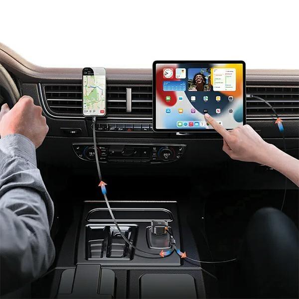 USAMS Car Charger with Retractable Cable 1xUSB-C + 1x Lightning C41 PD 30W Fast Charge Black/black CC219CC01 (US-CC219)