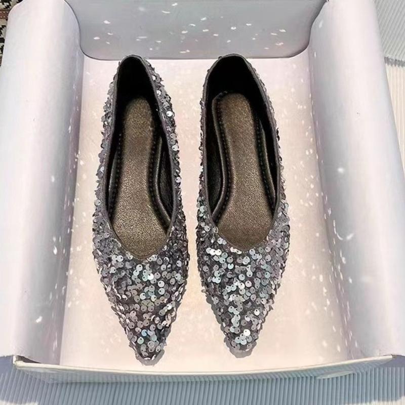 2025 Woman Fashion Pointed Toe Shoes Kawaii Solid Versatile Female Shoes Flats Bling Sequin Soft Sole Shallow Mary Jane Shoes