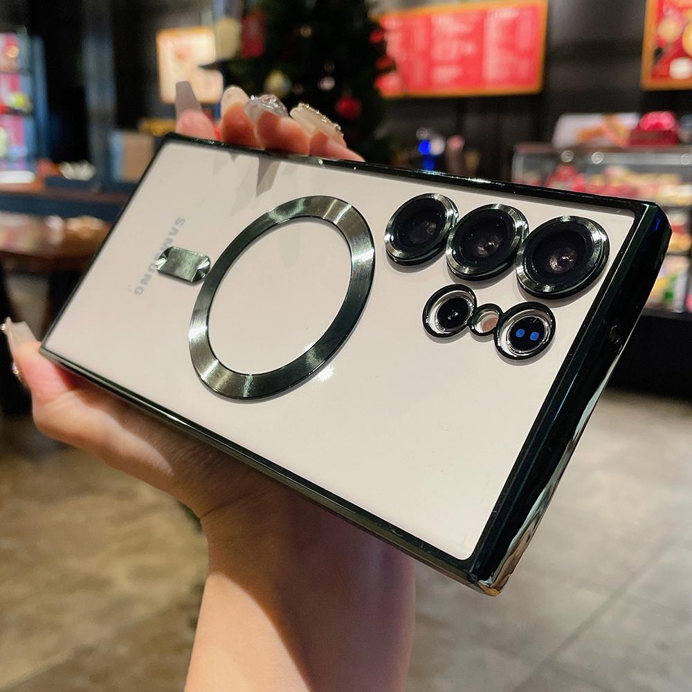 Plating Magnetic Transparent Case For Samsung S25 S24 Ultra S23 Plus S22 S21 FE Note 20 Wireless Charge Lens Protection Cover