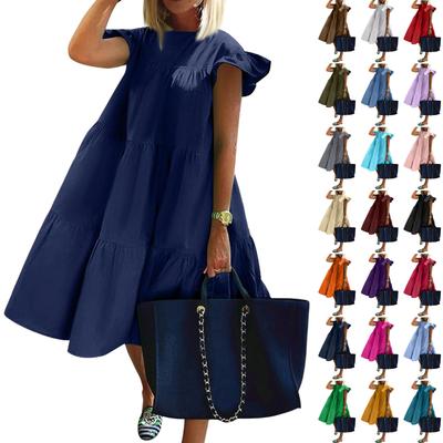 Women's Fashion Casual Loose Round Neck Ruffle Sleeve Solid Colour Dresses