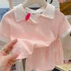 Girls Summer Cotton Polo Neck Short Sleeve Shorts Set Cute Small V Collar Knitted Jacquard Two Piece Outfit For Kids