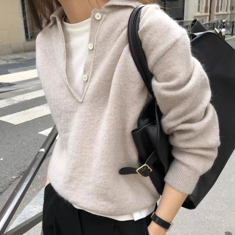 Women's Pure Wool Half-Open Collar Sweater - Autumn/Winter Knitwear, Loose Fit, Casual Style