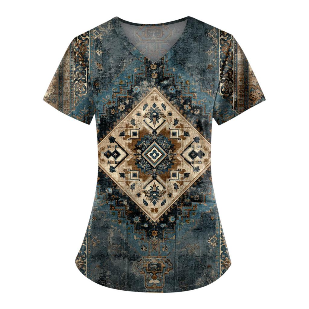 Plus Size Printed Scrub Working Uniform Tops For Women's V-Neck Print Short Sleeve Fun T-Shirts Workwear Tee With Pockets