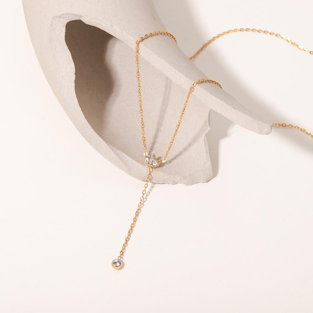 Women's French Style Titanium Steel Crown Pendant Necklace - 18K Gold with White Zircon