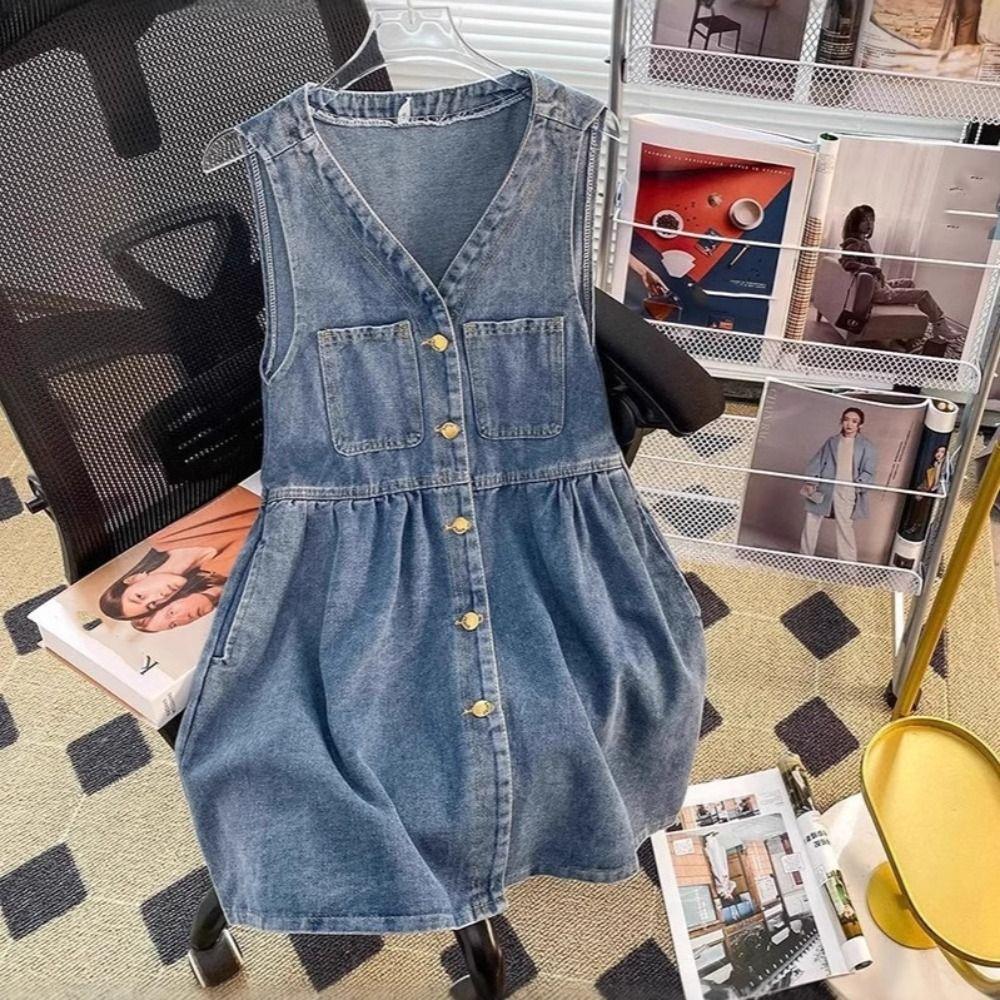 Pleated Denim Camisole Dress V-neck Sleeveless Short Dress Cowboy Strap Dress Beachwear
