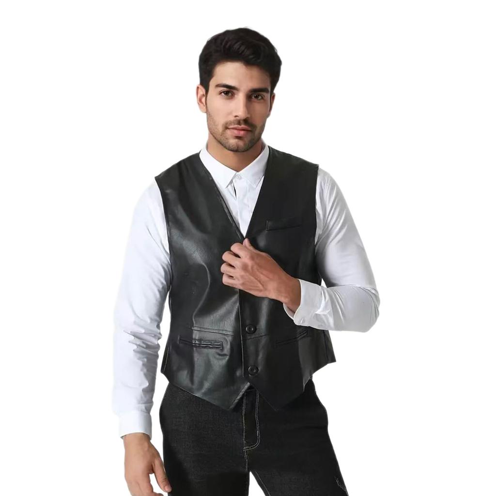 Men's PU Leather Vest V-Neck Single-breasted Slim-fit Casual Leather Vest Fashion Trend Men's Jacket